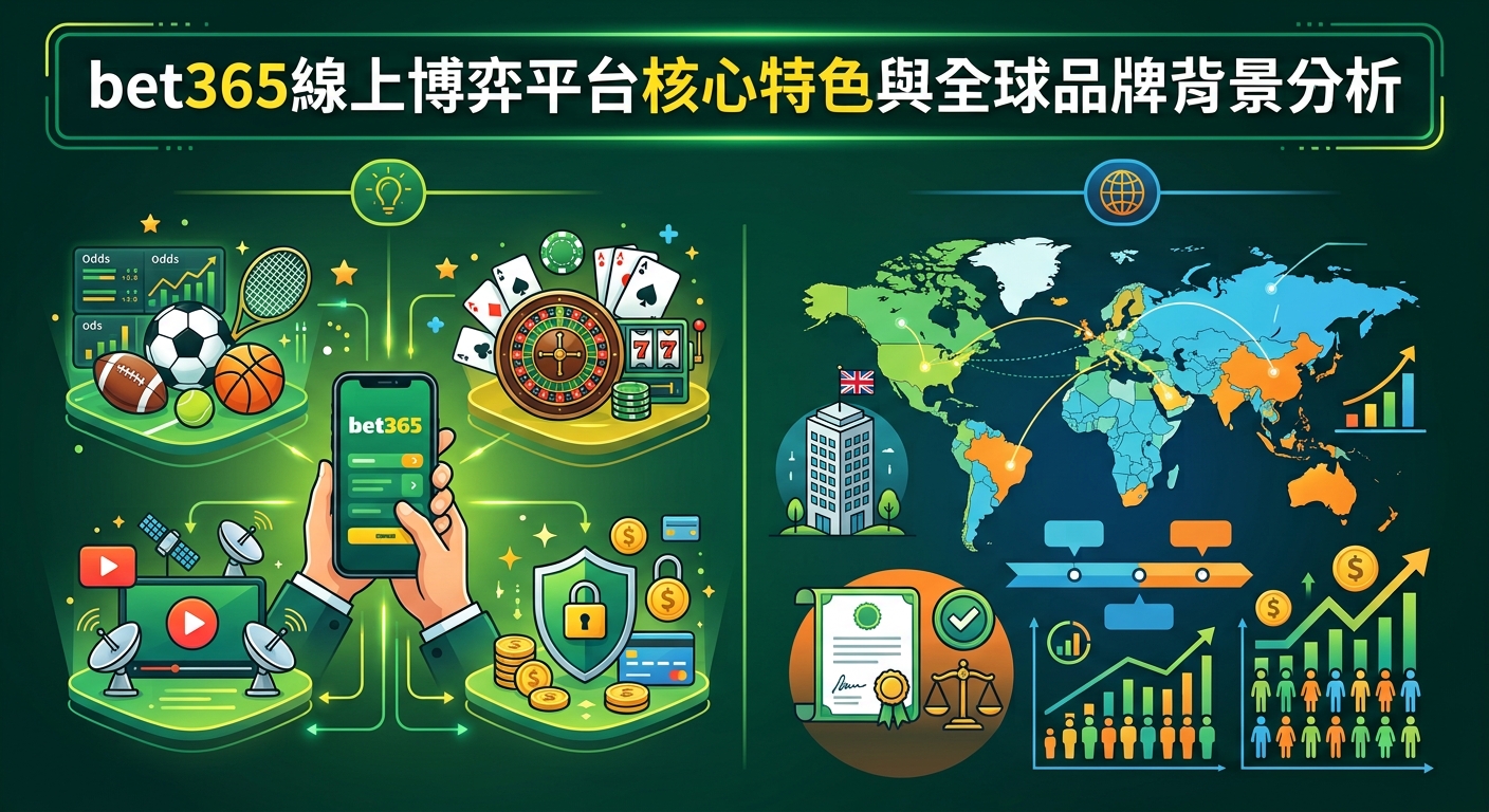 這張資訊圖表左側生動展示了bet365平台的核心特色,包括多元的體育賽事、賭場遊戲、即時轉播及安全便捷的行動支付功能。 右側則深入分析其全球品牌背景,透過世界地圖、合法營運牌照與成長數據,呈現該公司在國際市場的廣泛影響力與穩健發展。