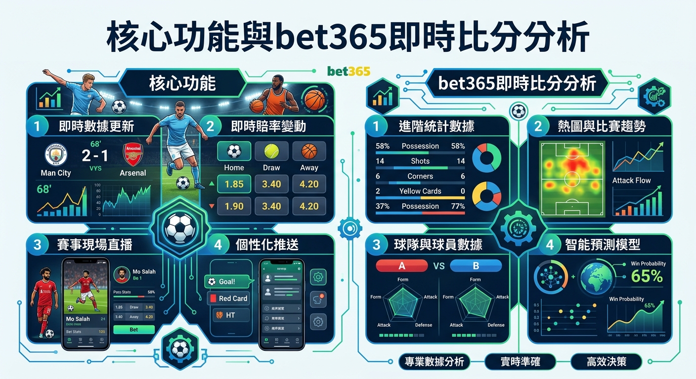 這張圖片呈現了一個現代感十足的體育數據分析儀表板，整合了 bet365 的即時比分與賠率變化。 整體設計採用電競科技風格，透過圖表、熱力圖與足球運動員形象，直觀地展示賽事統計與智能預測。